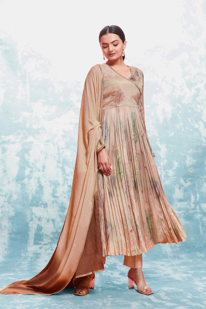 Ensemble salwar imprimé en mousseline brun rosé traditionnel