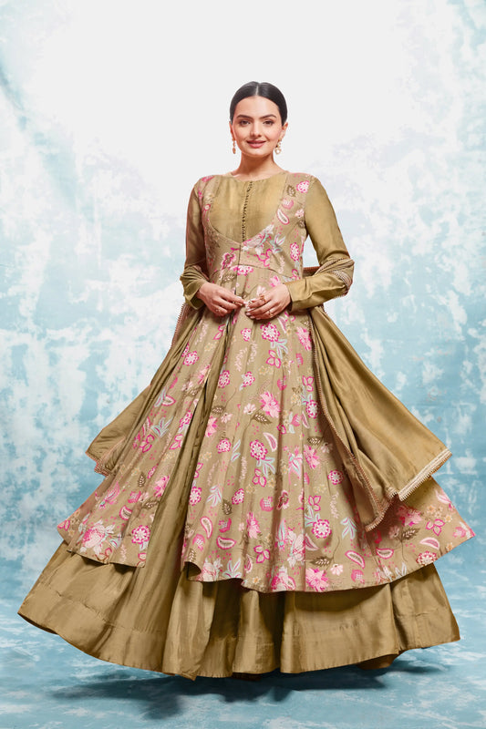 Dark beige printed long dress with jacket and traditional dupatta