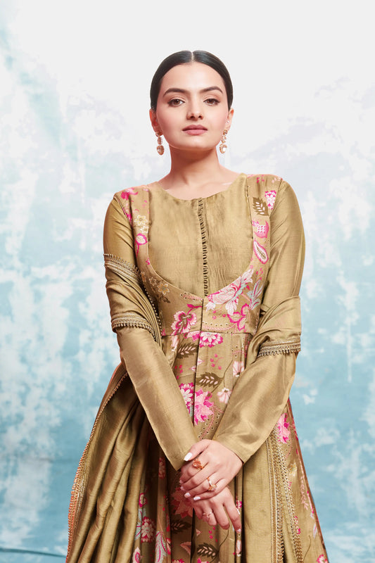 Dark beige printed long dress with jacket and traditional dupatta