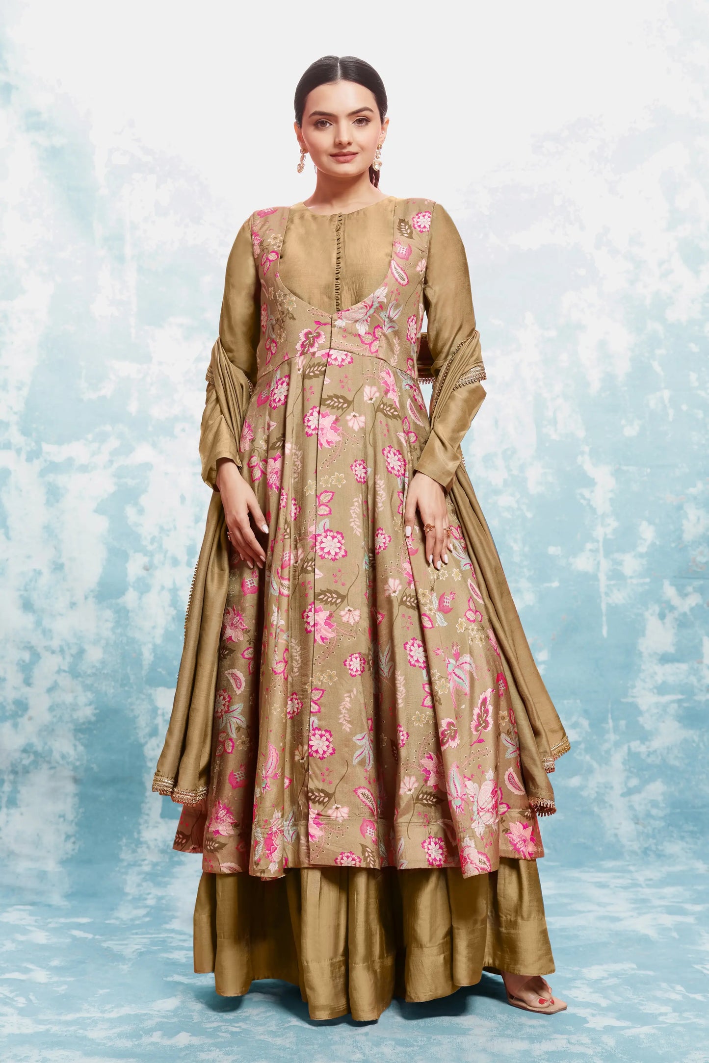 Dark beige printed long dress with jacket and traditional dupatta
