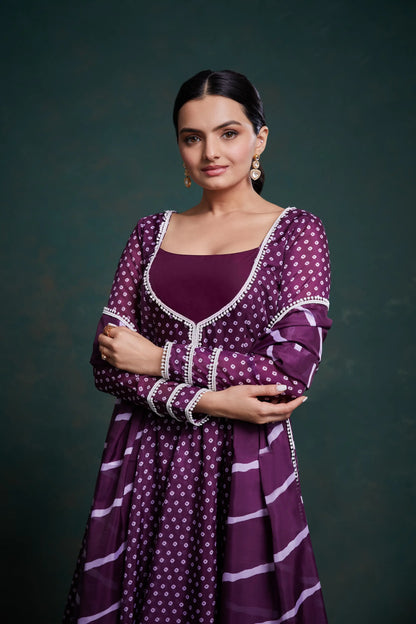 Ensemble salwar imprimé Bandhani en organza violet traditionnel