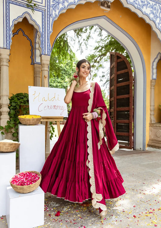 Burgundy rayon dress with dupatta