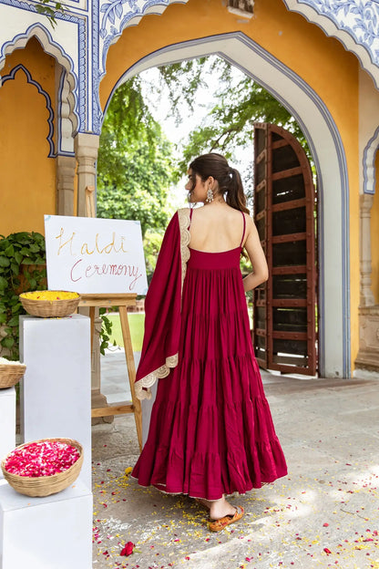 Burgundy rayon dress with dupatta