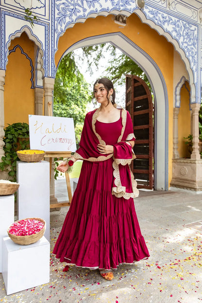 Burgundy rayon dress with dupatta