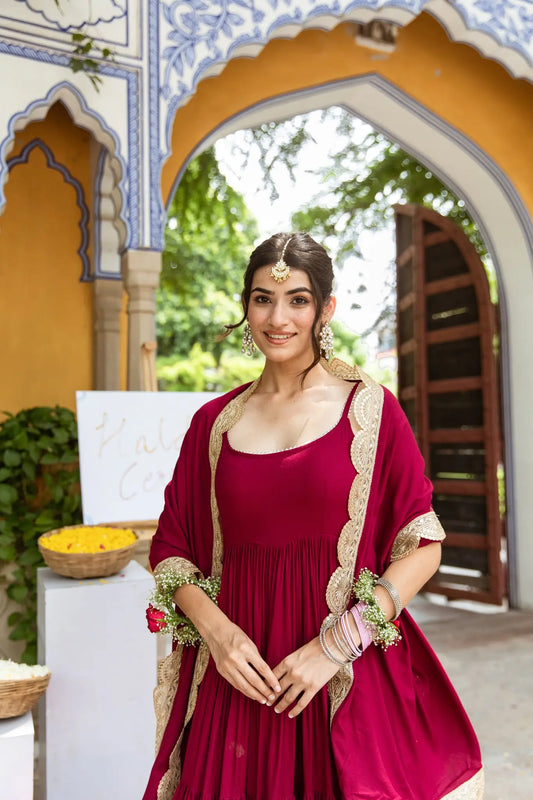 Burgundy rayon dress with dupatta