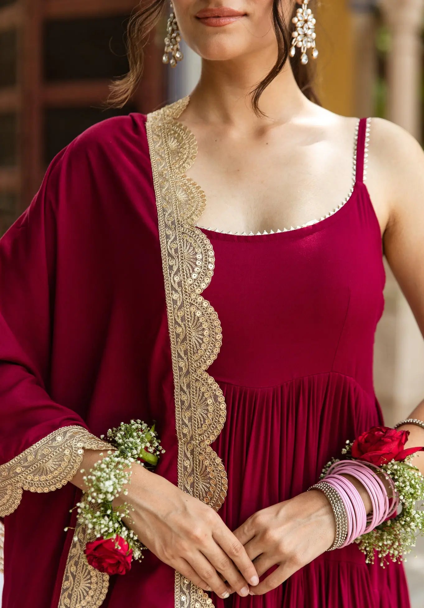 Burgundy rayon dress with dupatta