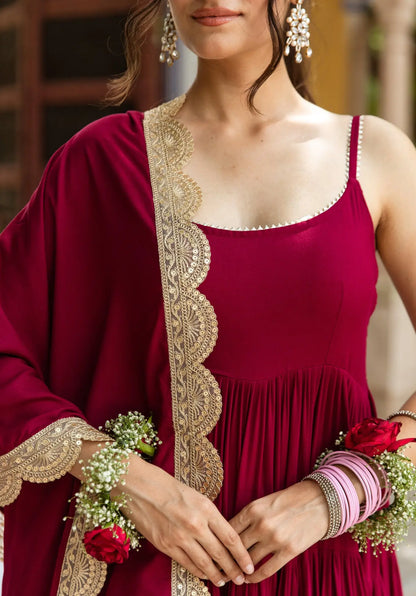 Burgundy rayon dress with dupatta