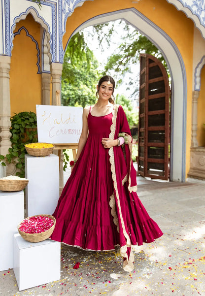 Burgundy rayon dress with dupatta