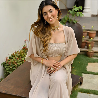Elegant Beige Indo-Western Georgette Coordinated Set with Long Shrug