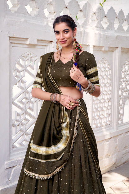 Lehenga de Navratri Chanderi JULLY vert kaki