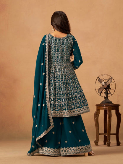Salwar Palazzo bleu paon en faux georgette avec ornements COLLECTION ELINA