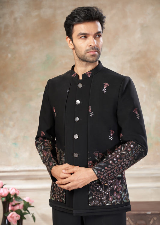 Ensemble Homme Costume Jodhpuri Noir Haut de Gamme en Terry Rayon avec Broderies de fleurs et Sequins COLLECTION KANWAR
