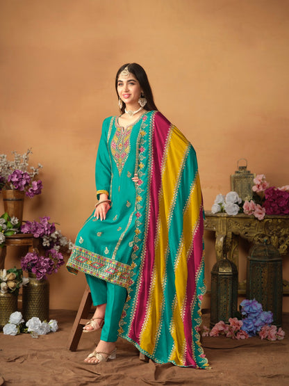 Salwar Pantalon bleu turquoise avec Dupatta multicolore assorti COLLECTION LOUNA