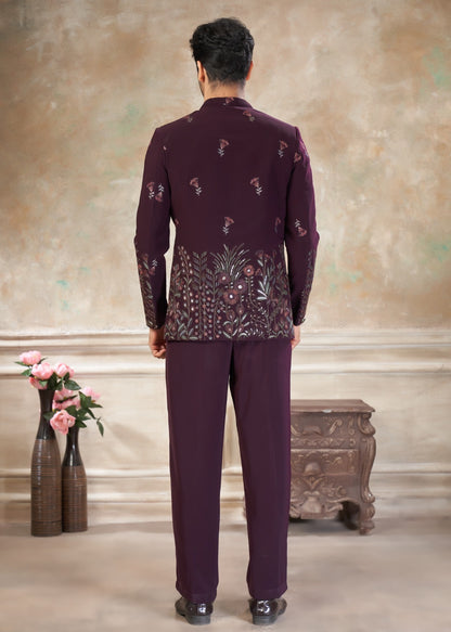 Ensemble Homme Costume Jodhpuri Violet Pourpre Haut de Gamme en Terry Rayon avec Broderies de fleurs et Sequins COLLECTION KANWAR