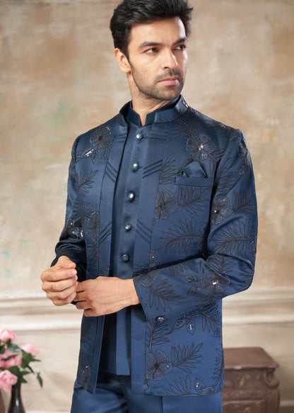 Ensemble Homme Costume Jodhpuri Bleu Foncé Détails Brillants Avec Poche Sur Veste Haut de Gamme en Terry Rayon avec Broderies et Sequins COLLECTION KANWAR