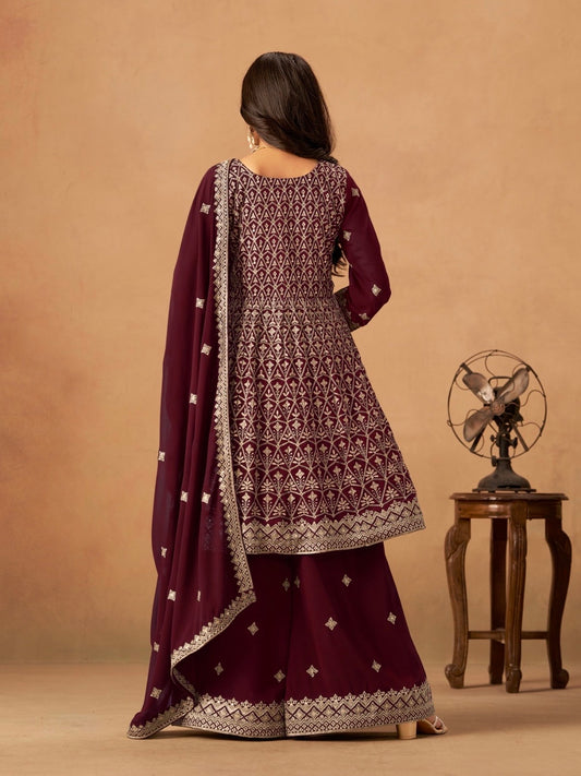 Salwar Palazzo rouge bordeaux en faux georgette avec ornements COLLECTION ELINA