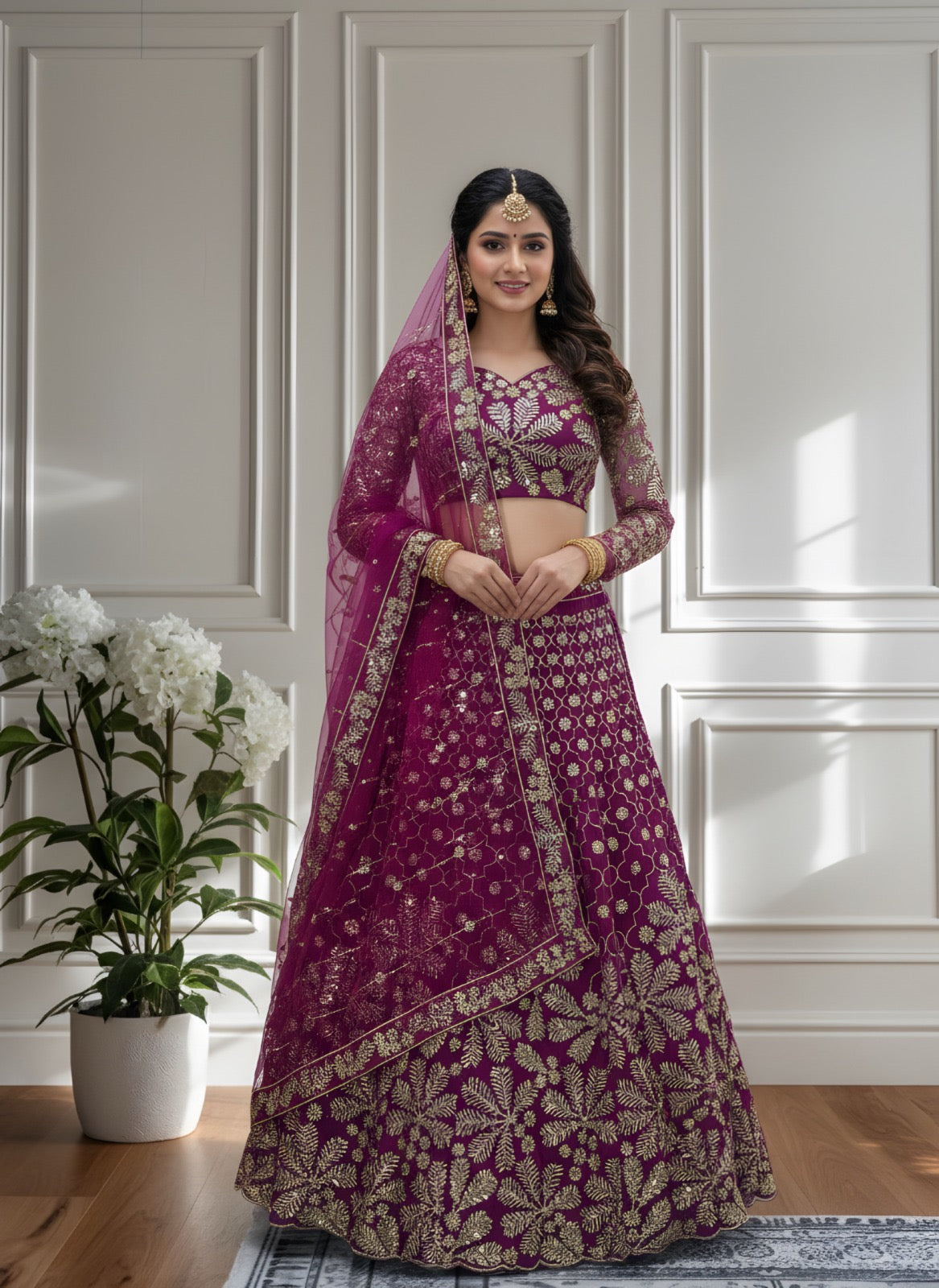 Eleganter rosa-grauer Braut-Lehenga mit Zarkan-Stickerei und Pailletten