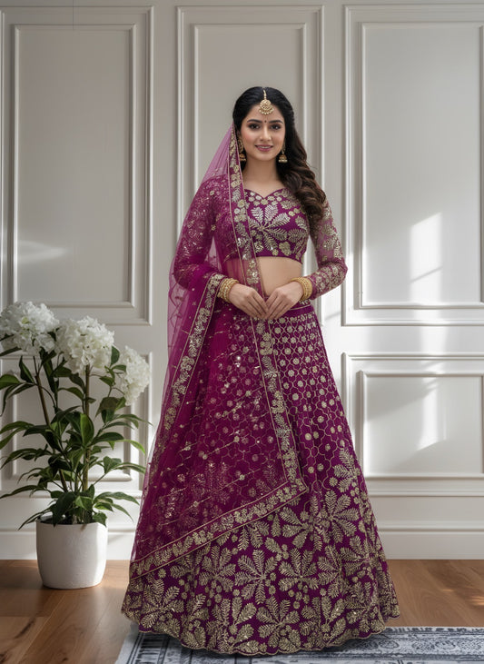 Eleganter rosa-grauer Braut-Lehenga mit Zarkan-Stickerei und Pailletten