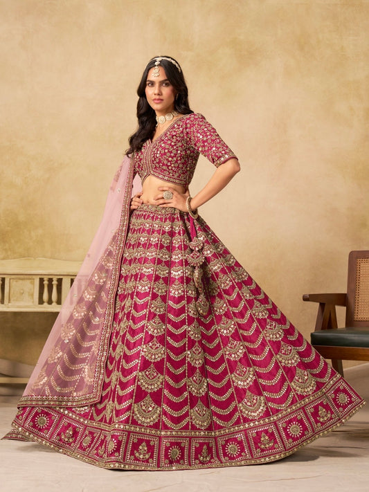Lehenga rose foncé brillant de fête en soie artificielle travaillé COLLECTION AMALYA