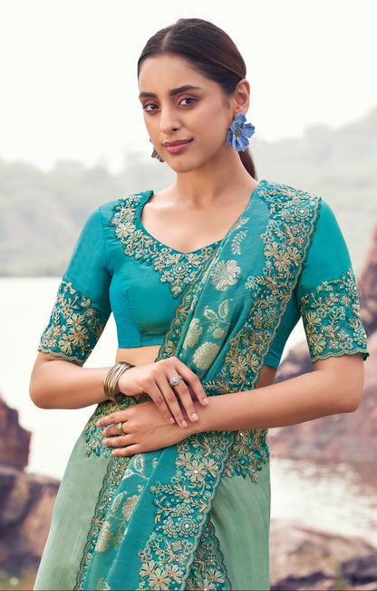 Sari bleu ciel ombré en soie Bagalpuri et jacquard COLLECTION SAYAARAH