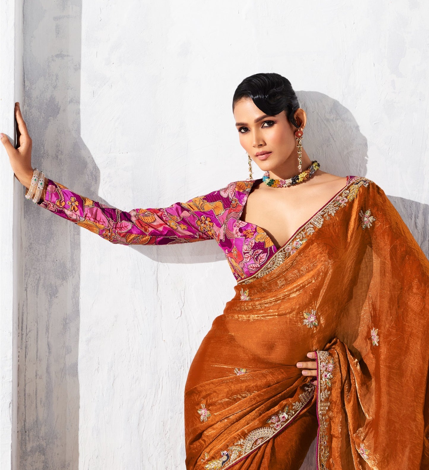 Sari orange glam organza fantaisie avec broderies COLLECTION LEYAA