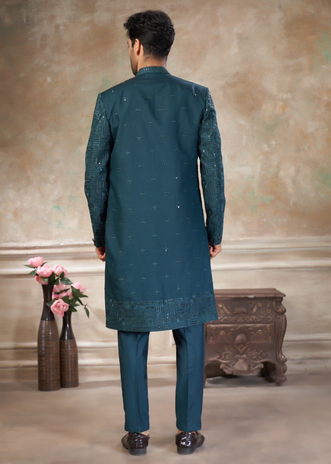 Ensemble Sherwani Homme Bleu Vert Riche avec Broderies et Sequins COLLECTION DHIMAN
