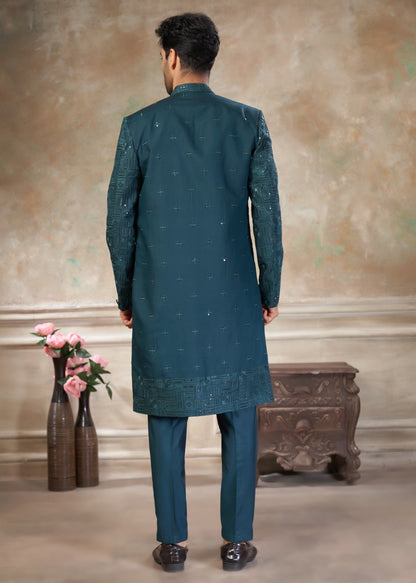 Ensemble Sherwani Homme Bleu Vert Riche avec Broderies et Sequins COLLECTION DHIMAN
