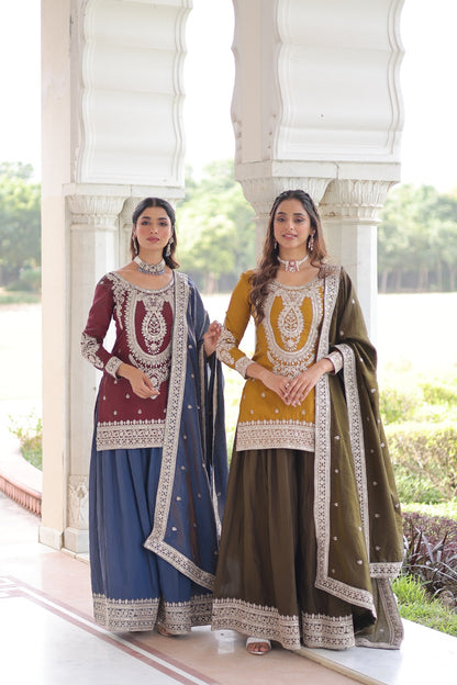Ensemble Salwar Sharara Jaune Moutarde et Marron Henna COLLECTION SARRA