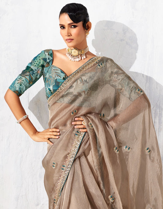 Sari marron gris glam organza fantaisie avec broderies COLLECTION LEYAA