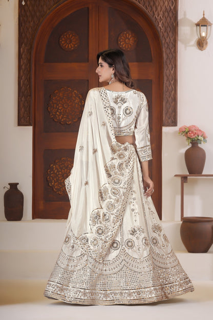 Lehenga blanc cygne scintillant en soie chinon et zari COLLECTION SANIYA