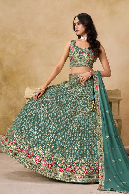 Lehenga bleu canard avec broderies romantiques de fleurs COLLECTION MONICA