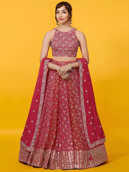 Lehenga rouge en georgette léger avec broderies zari