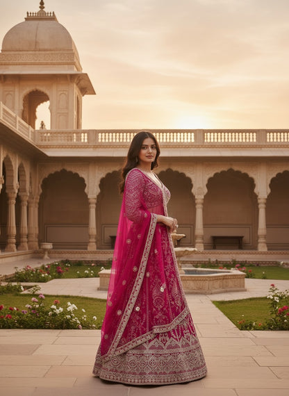 Lehenga rose fuchsia somptueux en butterfly net avec broderies de sequins