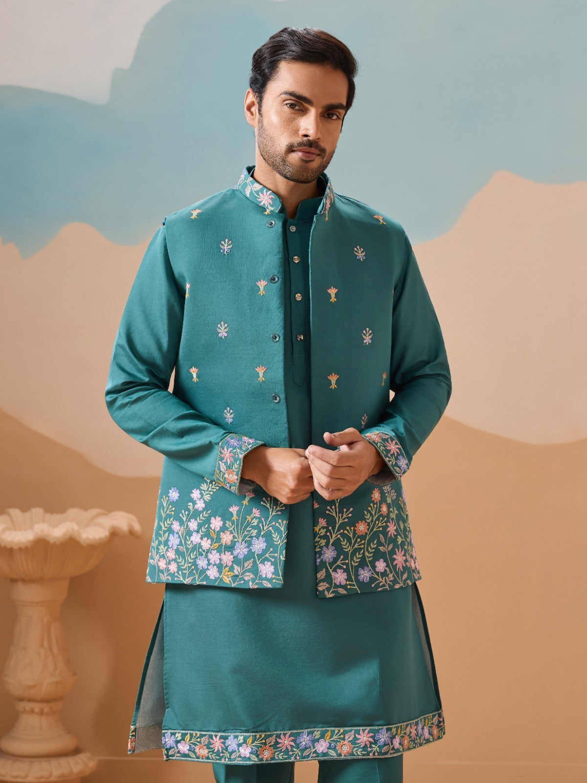 Ensemble Kurta Homme avec Veste Jacket Bleu Lagon COLLECTION JEET