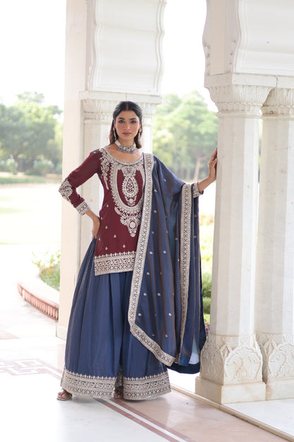 Ensemble Salwar Sharara Marron Bordeaux et Bleu foncé et COLLECTION SARRA