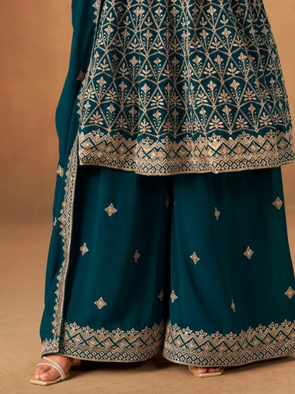 Salwar Palazzo bleu paon en faux georgette avec ornements COLLECTION ELINA