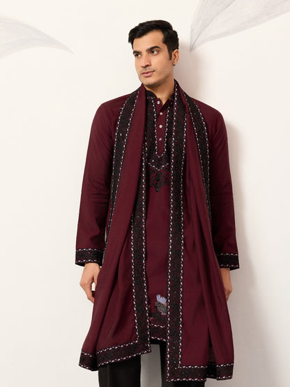 Ensemble Homme Kurta rouge bordeaux à motifs oiseaux doux avec dupatta COLLECTION AJIT