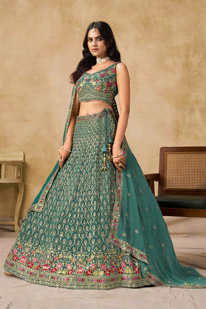 Lehenga bleu canard avec broderies romantiques de fleurs COLLECTION MONICA