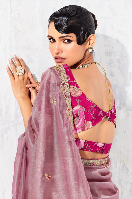 Sari rose glam organza fantaisie avec broderies COLLECTION LEYAA