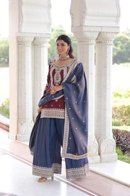 Ensemble Salwar Sharara Marron Bordeaux et Bleu foncé et COLLECTION SARRA