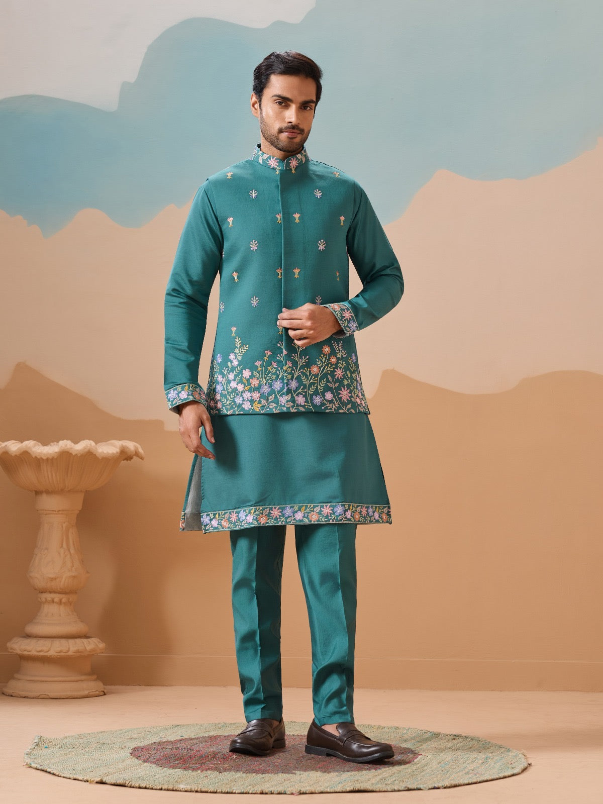 Ensemble Kurta Homme avec Veste Jacket Bleu Lagon COLLECTION JEET