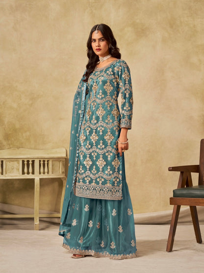 Salwar suit bleu aqua en net COLLECTION SIMARAN