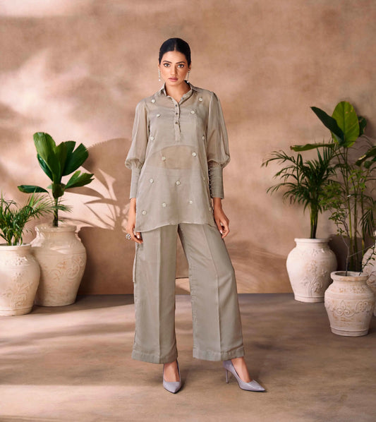 Graubeiges koordiniertes Set aus reinem Organza mit handgefertigter Stickerei