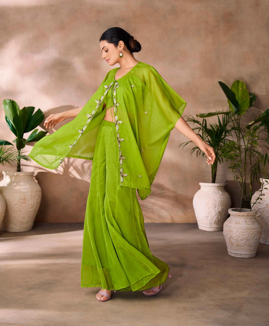 Indo-Western hellgrünes Organza-Papagei-Handstickerei-Set mit Schlapphut