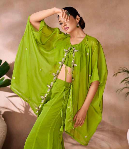 Indo-Western hellgrünes Organza-Papagei-Handstickerei-Set mit Schlapphut