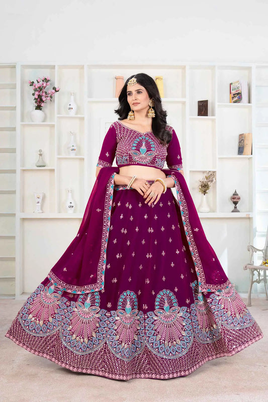 Schwarzbeervioletter Georgette-Lehenga mit Fadenstickerei und Pailletten