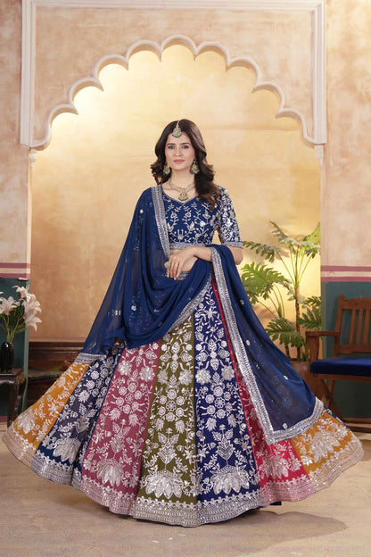 Marineblauer mehrfarbiger Georgette-Lehenga mit Pailletten- und Zari-Stickerei, begleitet von einem Dupatta