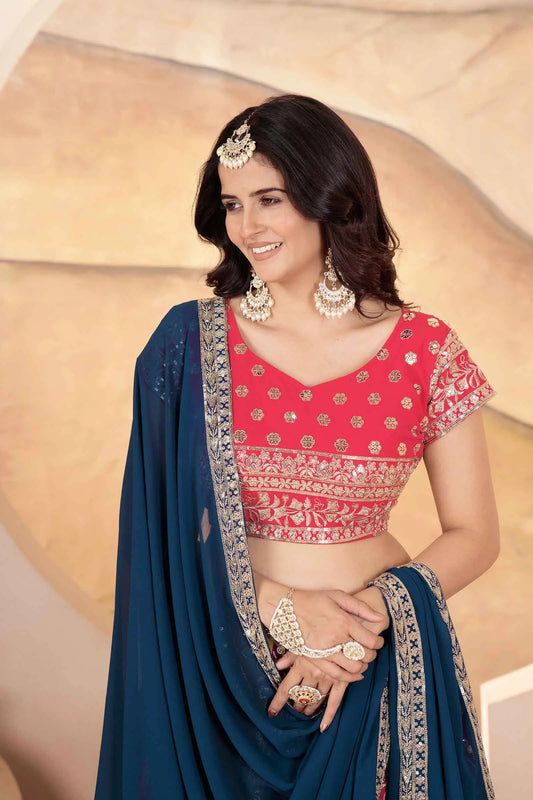 Mehrfarbiger rosa Lehenga mit Paillettenstickerei und Dupatta