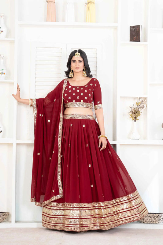 Burgunderroter Georgette-Lehenga mit Paillettenstickerei