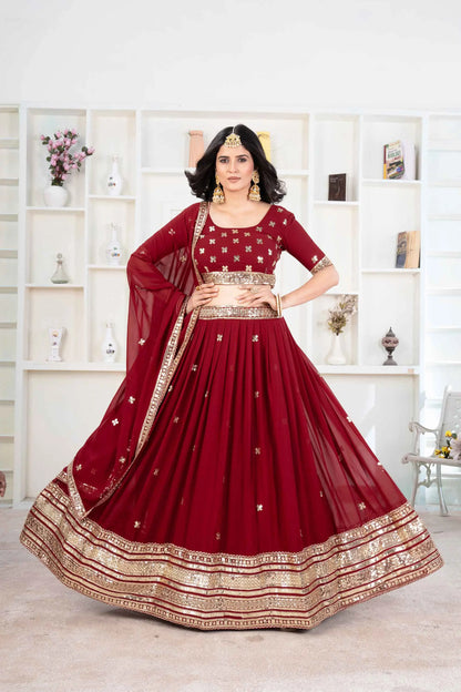 Burgunderroter Georgette-Lehenga mit Paillettenstickerei